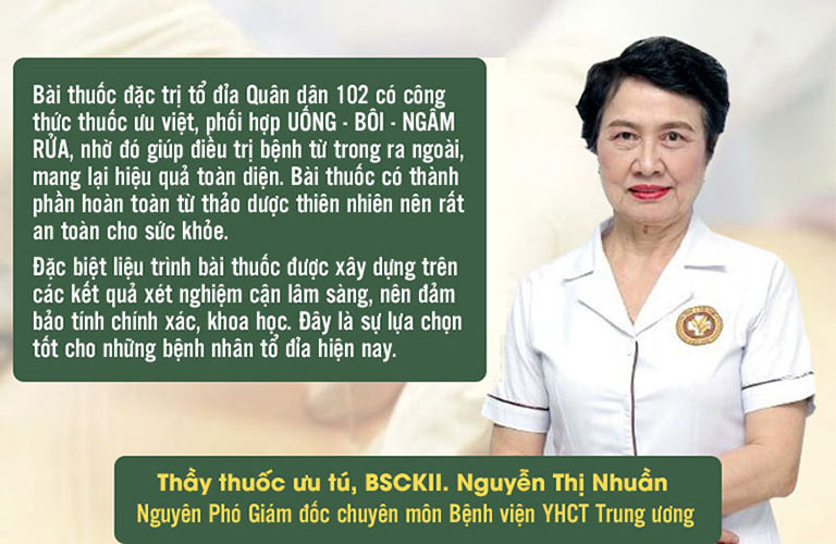 Bác sĩ Nguyễn Thị Nhuần - Nguyên PGĐ chuyên môn Bệnh viện YHCT Trung ương đánh giá cao liệu trình tổ đỉa Quân dân 102