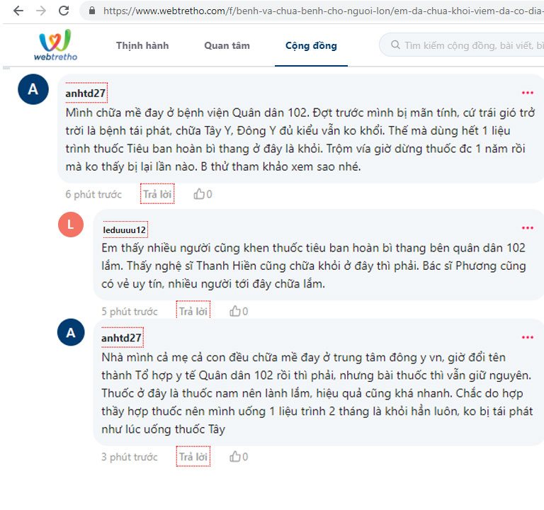 Đánh giá của khách hàng về hiệu quả điều trị mề đay tại Quân dân 102